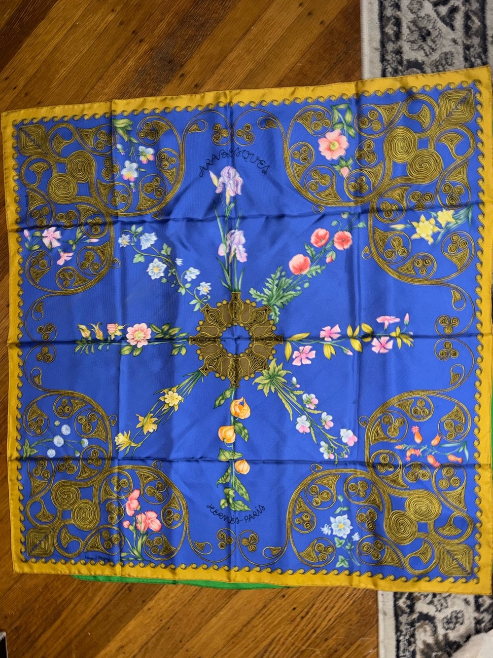 Hermes Royal Blue and Gold Floral Silk Scarf